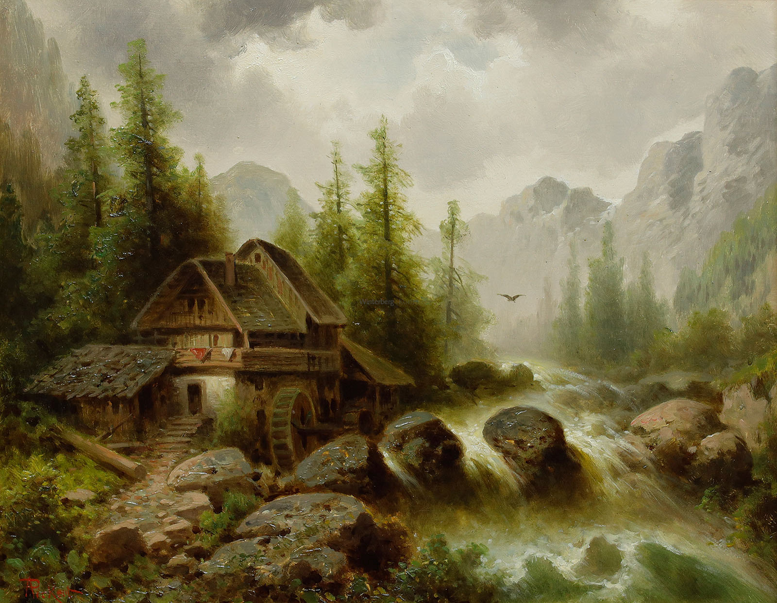 Tosender Wildbach mit Mühle im Gebirge.