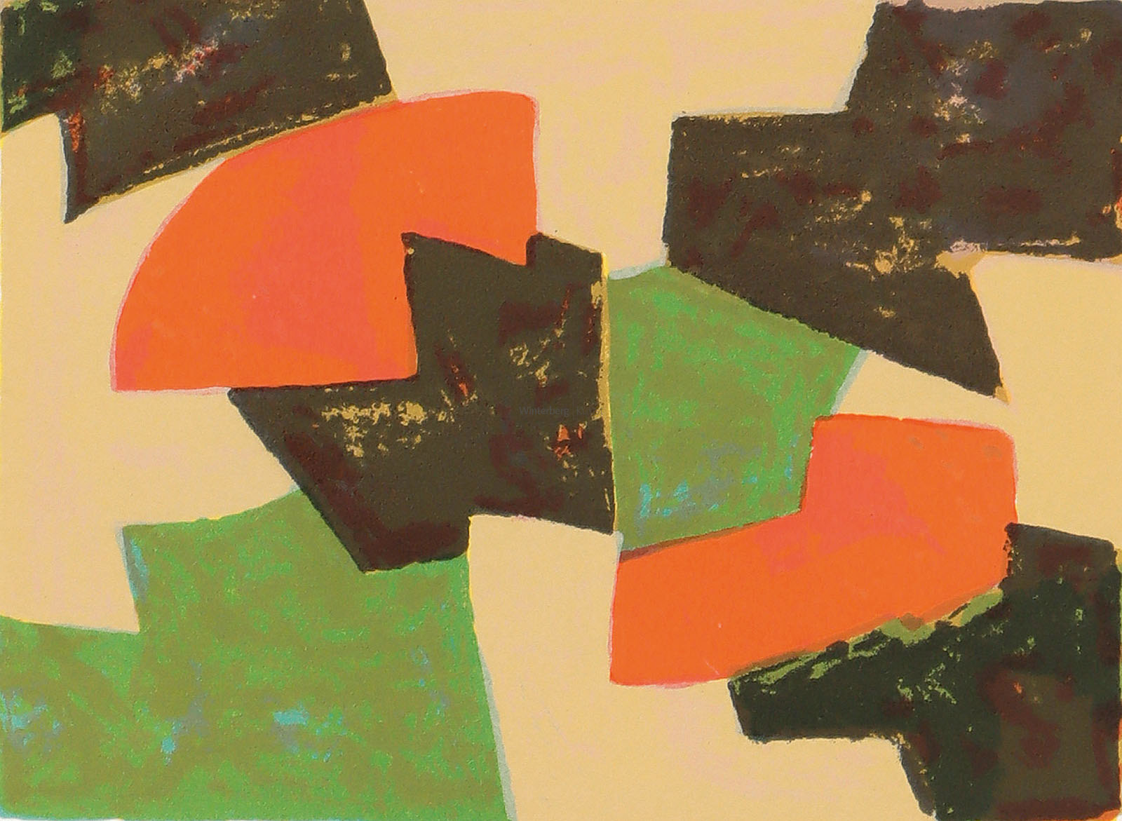 Composition verte, beige, rouge et brune.