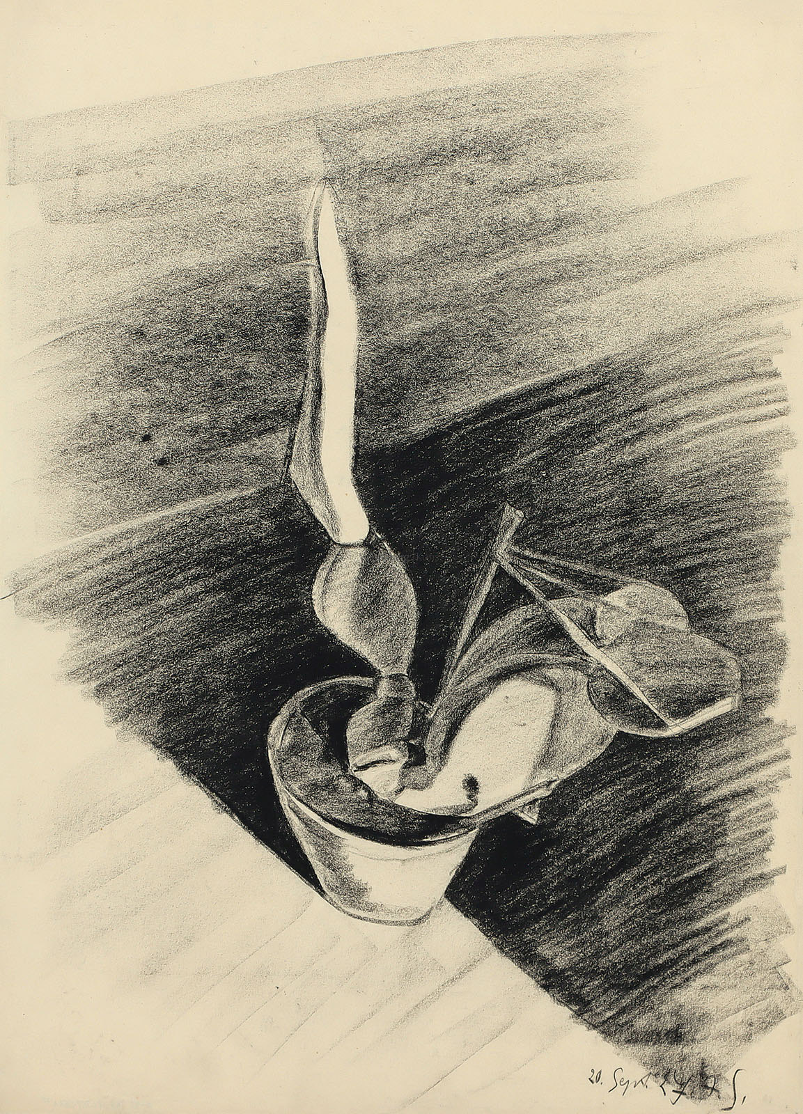 Stilleben mit Topfpflanze.