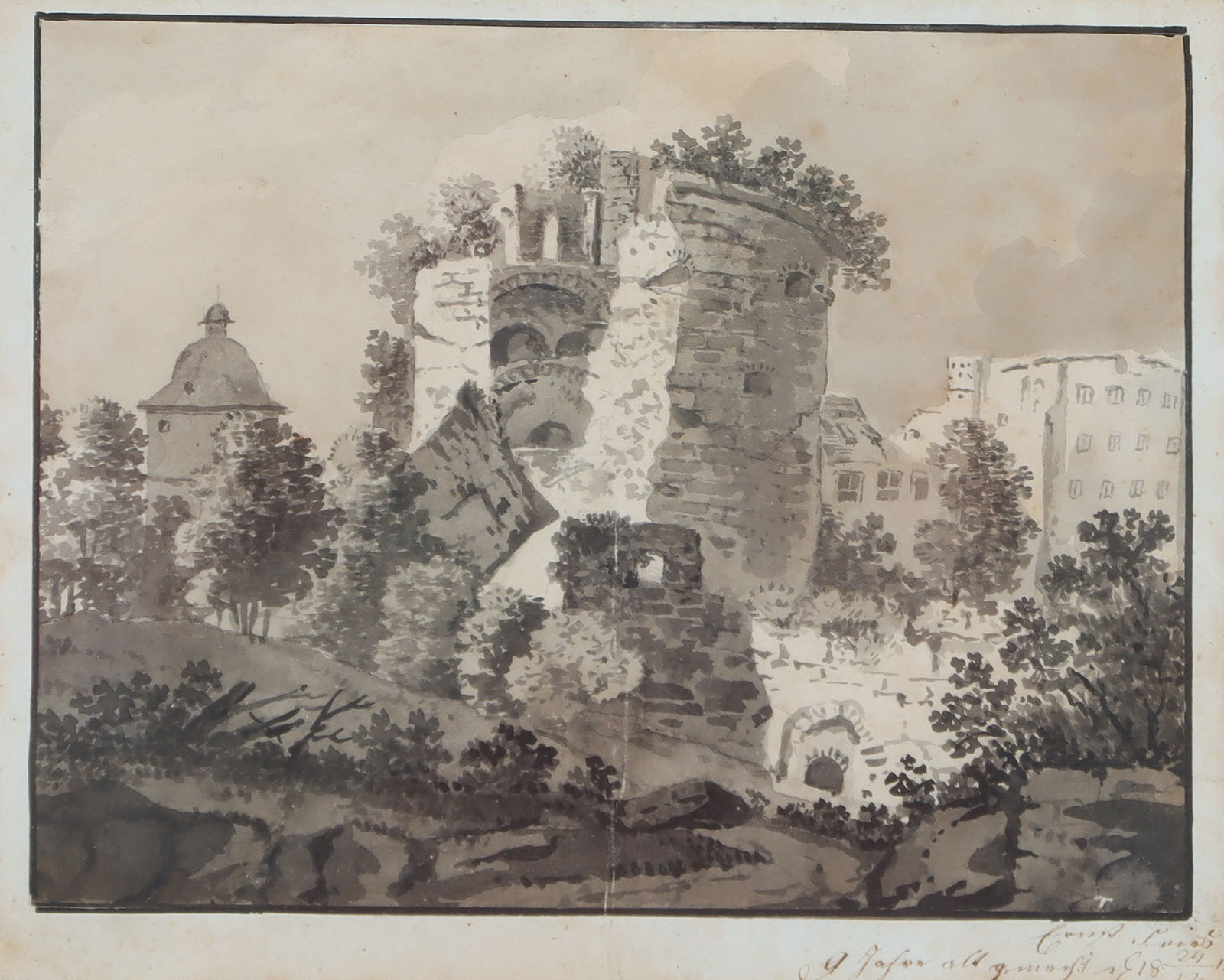 Heidelberg, der dicke Turm des Schlosses, vom Stückegarten aus gesehen.