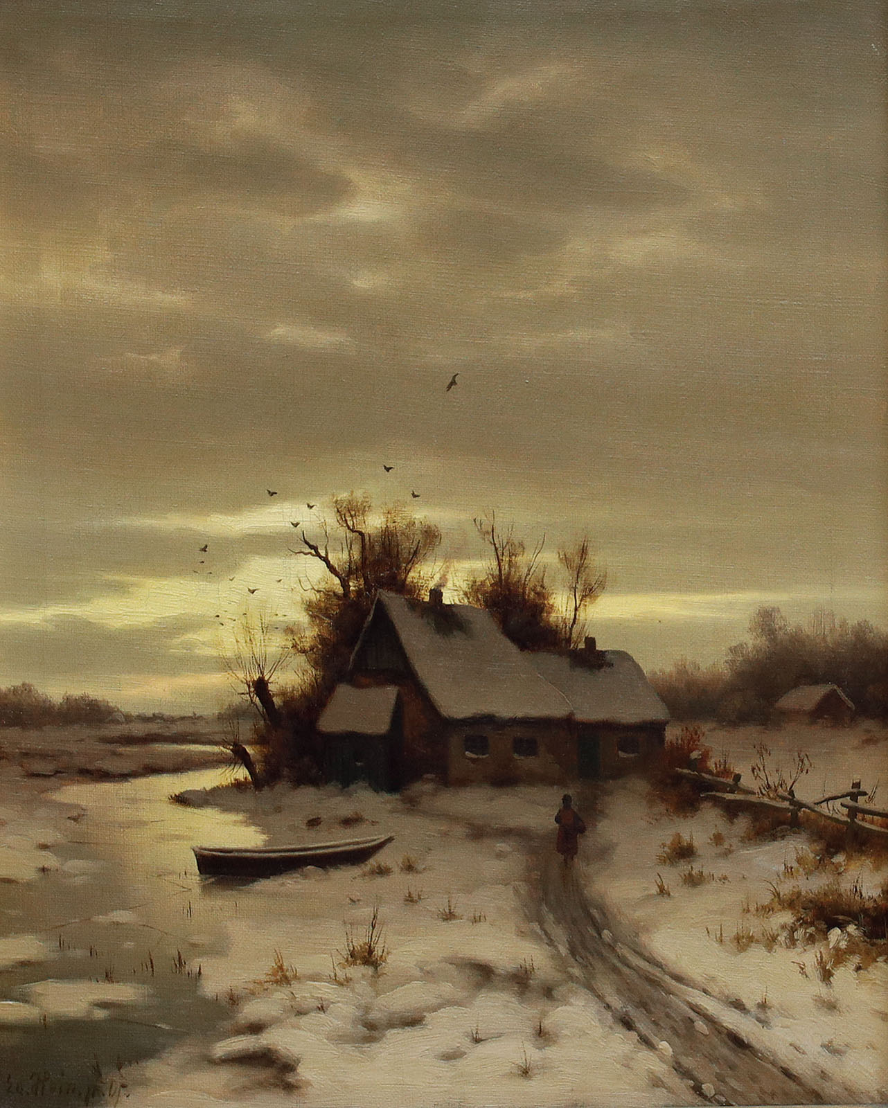 Winterlandschaft bei Morgenstimmung mit Hütte und Fischerkahn bei einem Gewässer.