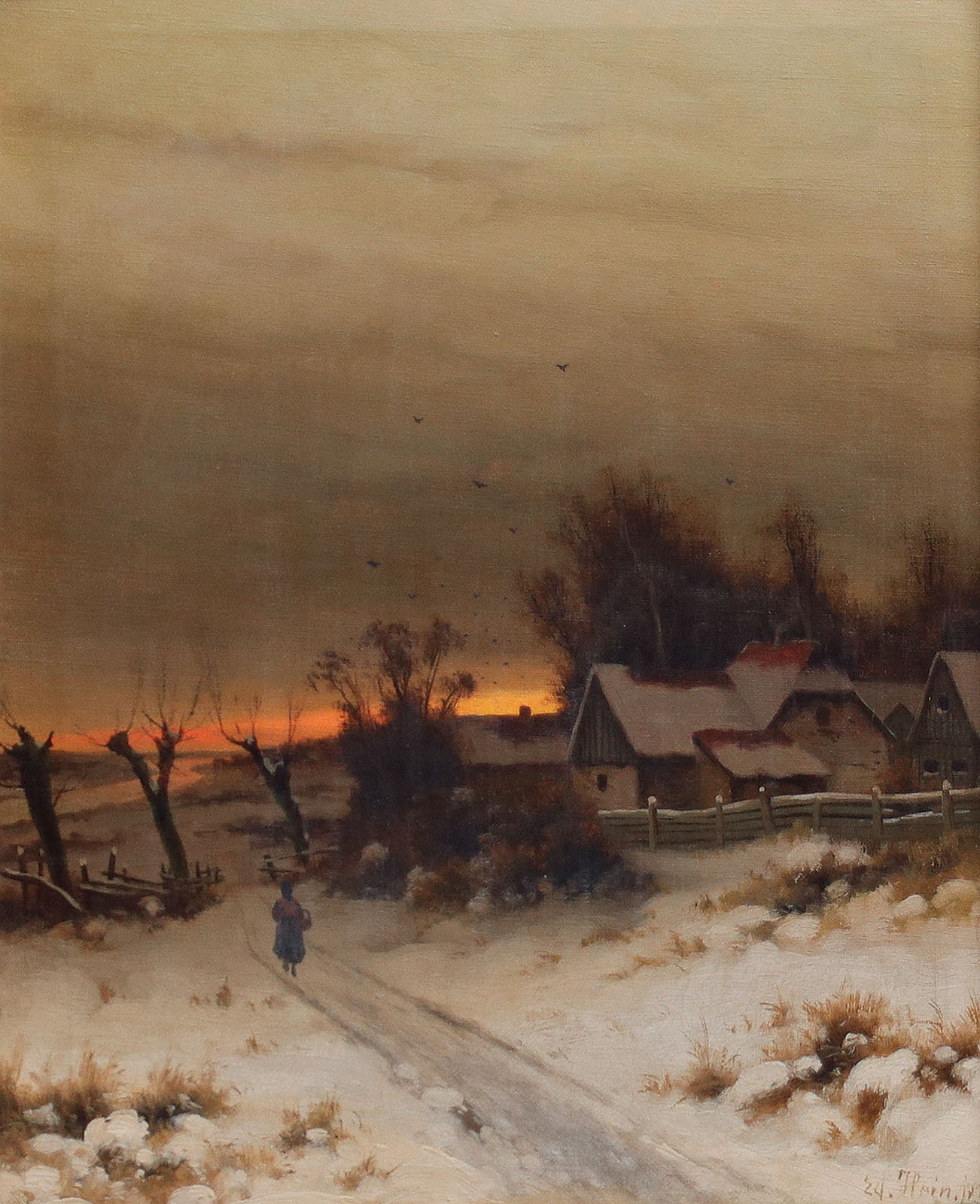 Winterlandschaft bei Abendstimmung mit Bäuerin bei einem Gehöft.