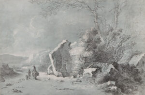 Landschaft mit Reiter und Wanderer.