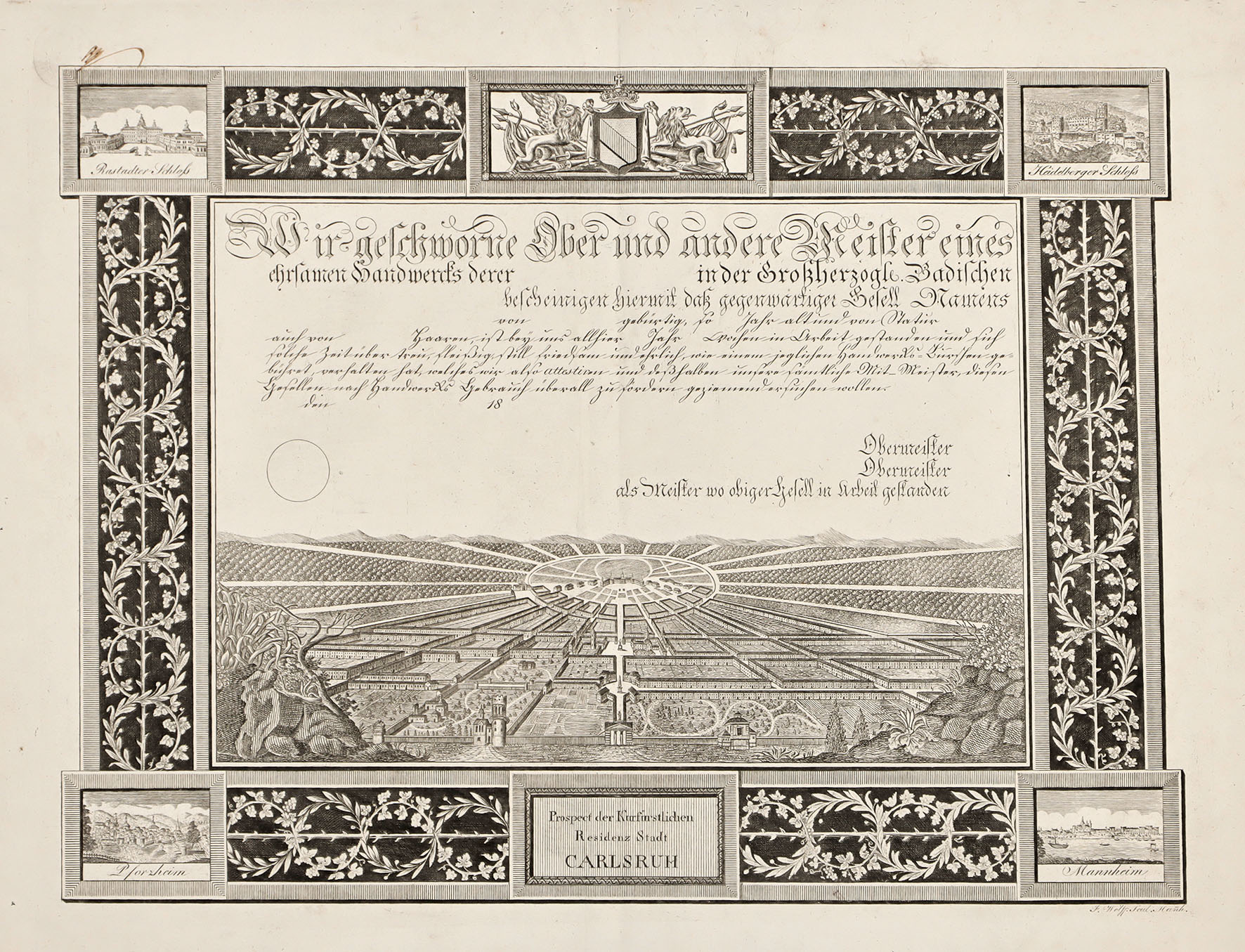 Karlsruhe: Prospect der kurfürstlichen Residenz-Stadt Carlsruhe – Ansicht der Residenzstadt Carlsruhe.