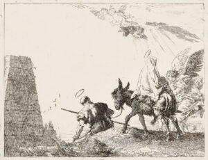 Die Heilige Familie bei einer Pyramide vorbeiziehend.