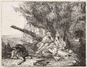 Die Rast der Heiligen Familie in einem Wald.