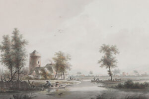 Flusslandschaft mit Gehöft.