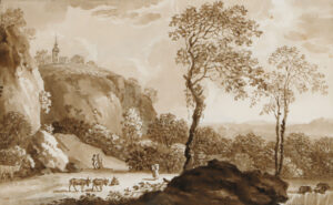 Landschaft mit Kirche auf einem Felsen,