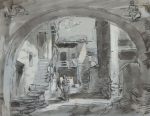 Blick durch einen Torbogen auf eine Mutter mit Kind bei einer Haustreppe.