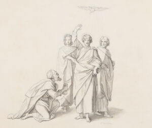 Hananias vor dem mahnenden Petrus und zwei Aposteln, darüber der Heilige Geist.