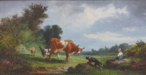 Weidelandschaft mit einer Kuh, Ziege, Schaf und Hund sowie einem strickenden Hirtenmädchen.