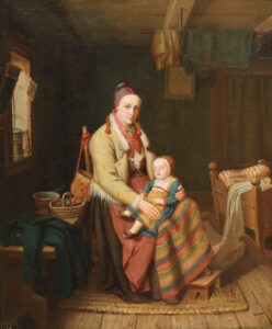 Sitzende schwedische Bauersfrau mit Kind in der Stube.