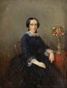 Bildnis einer sitzenden jungen Frau in schwarzer Kleidung.