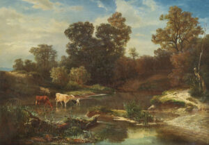 Waldlandschaft mit Kuh – und Schafherde am Teich.