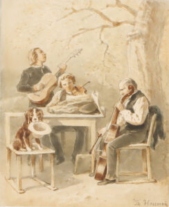 Vornehmer Herr verbeugt sich vor zwei Damen – Musikantengruppe mit einem Hund.