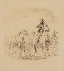 Reitender Pferdehändler mit Handpferd – Gassenjunge freut sich über einen stolpernden Herrn mit Zylinder.