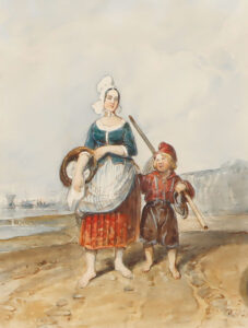 Fischersfrau mit Kind am Strand von Rügen.