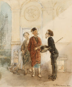 Maler spricht mit Portiersleuten eines vornehmen Hauses.