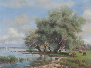 Partie am Bodensee mit weidender Kuhherde.