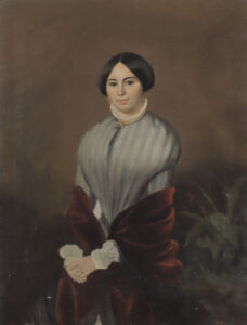 Dame im Biedermeiergewand mit dunkelroter Stola.