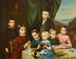 Bildnis der Kaufmannskinder Mronga mit Hund und Ausblick auf Küstenlandschaft.