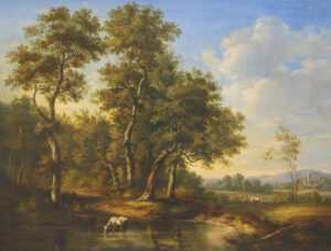 Ideallandschaft mit unter Bäumen rastendem Hirten mit seinen Kühen an einem Teich.