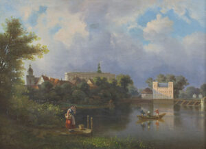 Am Teich gelegenes Schloß mit Kirche und Nebengebäuden.