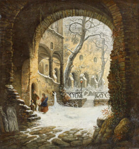 Bittstellerin mit ihren Kindern in einem winterlichem Klosterhof.