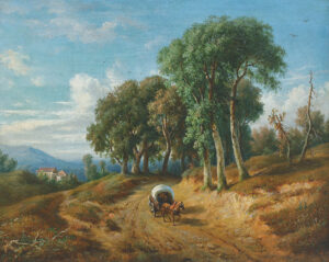 Berglandschaft mit Bauernkutsche auf Waldweg,