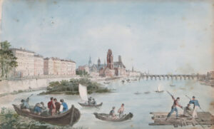 Frankfurt: Blick vom befahrenen Main auf die Steinerne Brücke, links die Altstadt.