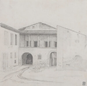 Italienisches Gebäude mit Säulengang im Obergeschoss.