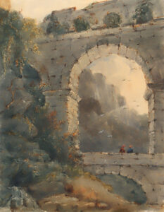 Landschaft mit einem Bogen des Pont du Gard am Ufer des Gardon.