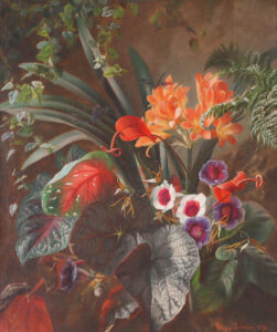 Blumenstilleben mit Lilien, Anturien und weiteren Treibhauspflanzen.