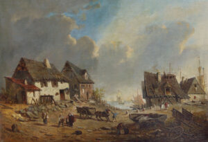 Fischerdorf mit Blick auf Segelboote und -schiffe.