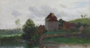 Landschaft mit Häusergruppe an einem Fluß.