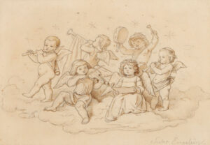 Sechs musizierende Engel auf einer Wolke.