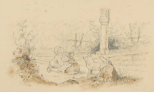 Wiese mit zwei sich küssenden Kindern und einem Hund.