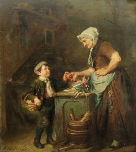 Interieur mit einer Händlerin und einem jungen Kunden.