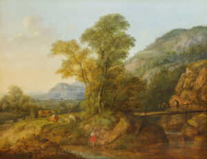 Südliche Ideallandschaft mit rastender Hirtin und Bauer mit seinem Esel auf einer Brücke.