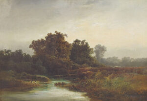 Abendlandschaft mit Vogelpaar an ein bewaldeten Weiher.