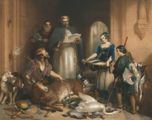 Geflügelhändler(innen) u.a. sowie aufgehängtes Geflügel (Fasan u.a.).