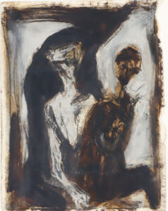 Kompositionen mit abstrahierten Figuren in Braun- und Grautönen.