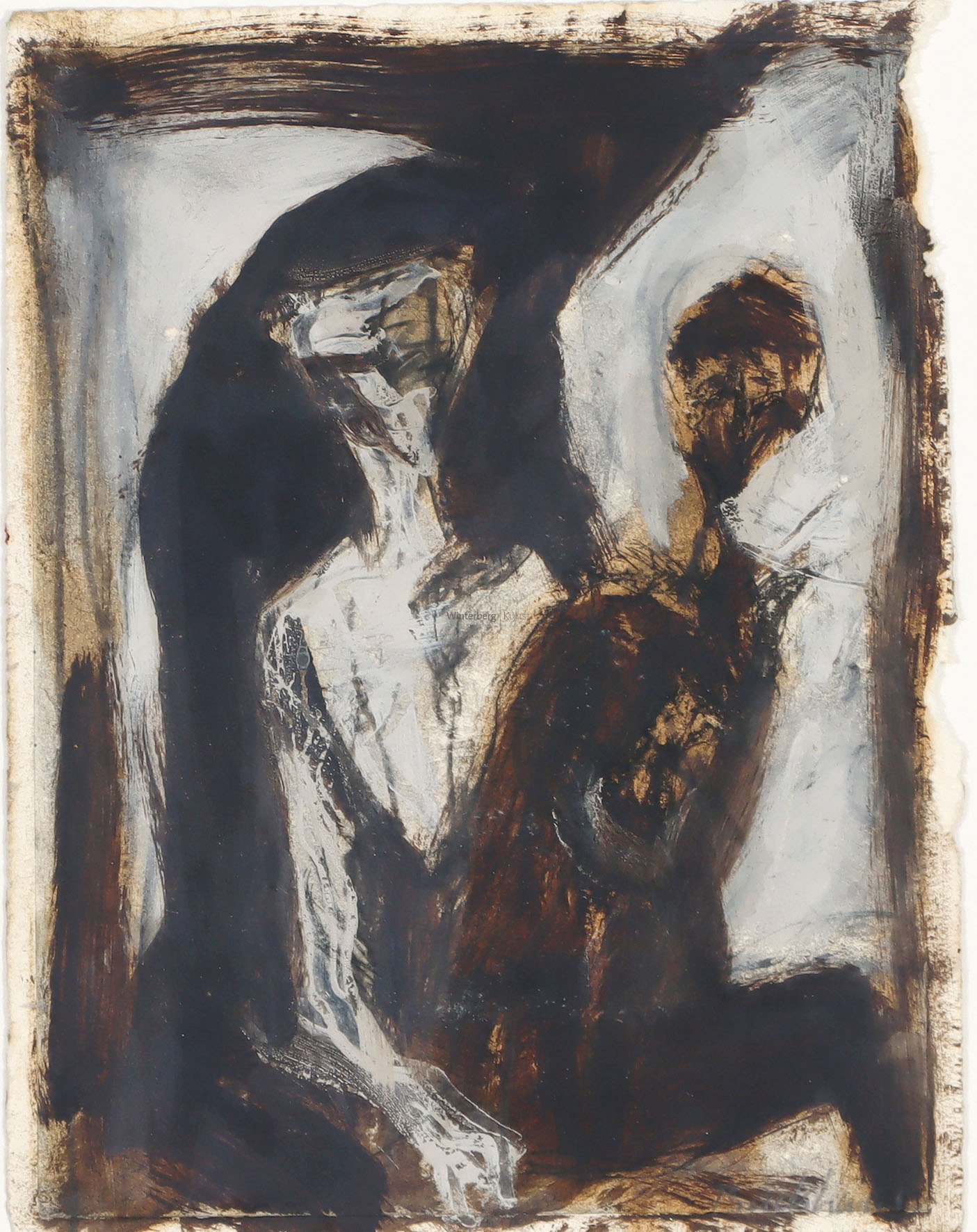 Kompositionen mit abstrahierten Figuren in Braun- und Grautönen.