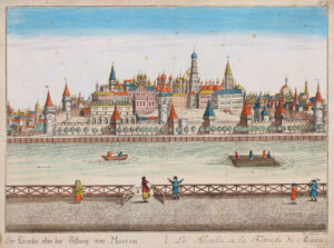 Moskau – St. Petersburg: „Der Kremlin, oder die Festung von Moscau“ – „Russischer Prospect – Peterhoff, Kaiserlicher Land Palast bey Petersburg“.