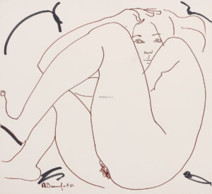 Nu féminin accroupi, jambes repliées.