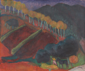 Rote Terassen-Landschaft mit Bauern und seinem Esel.