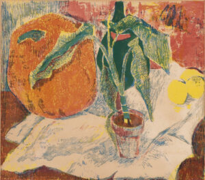 Stilleben mit Topfpflanze, Kürbis und Zitronen.