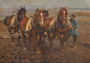 Bauer mit seiner mit vier Arbeitspferden bespannten Egge auf dem Feld.