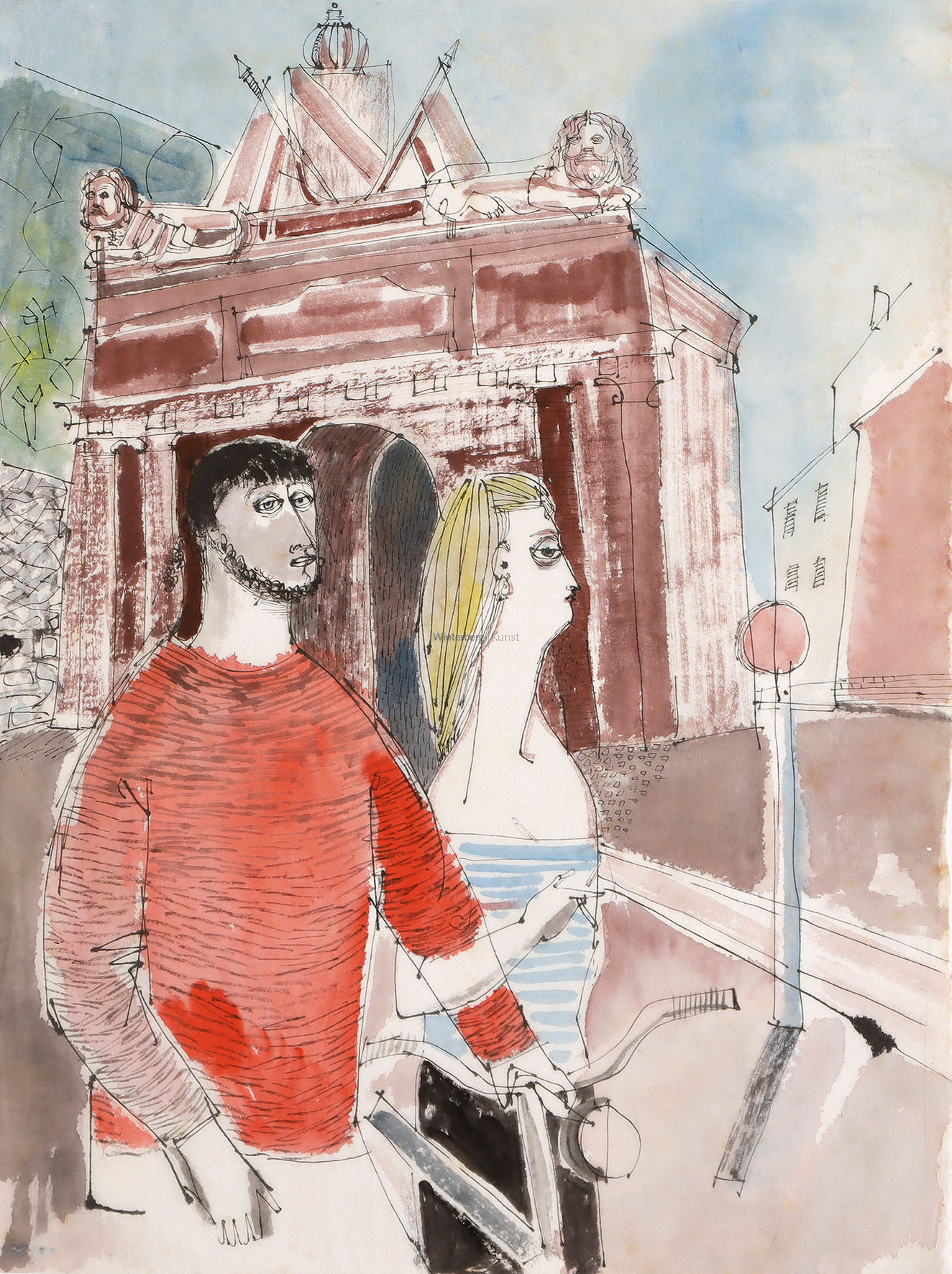 Studentenpaar vor Siegestor mit badischem Wappen.