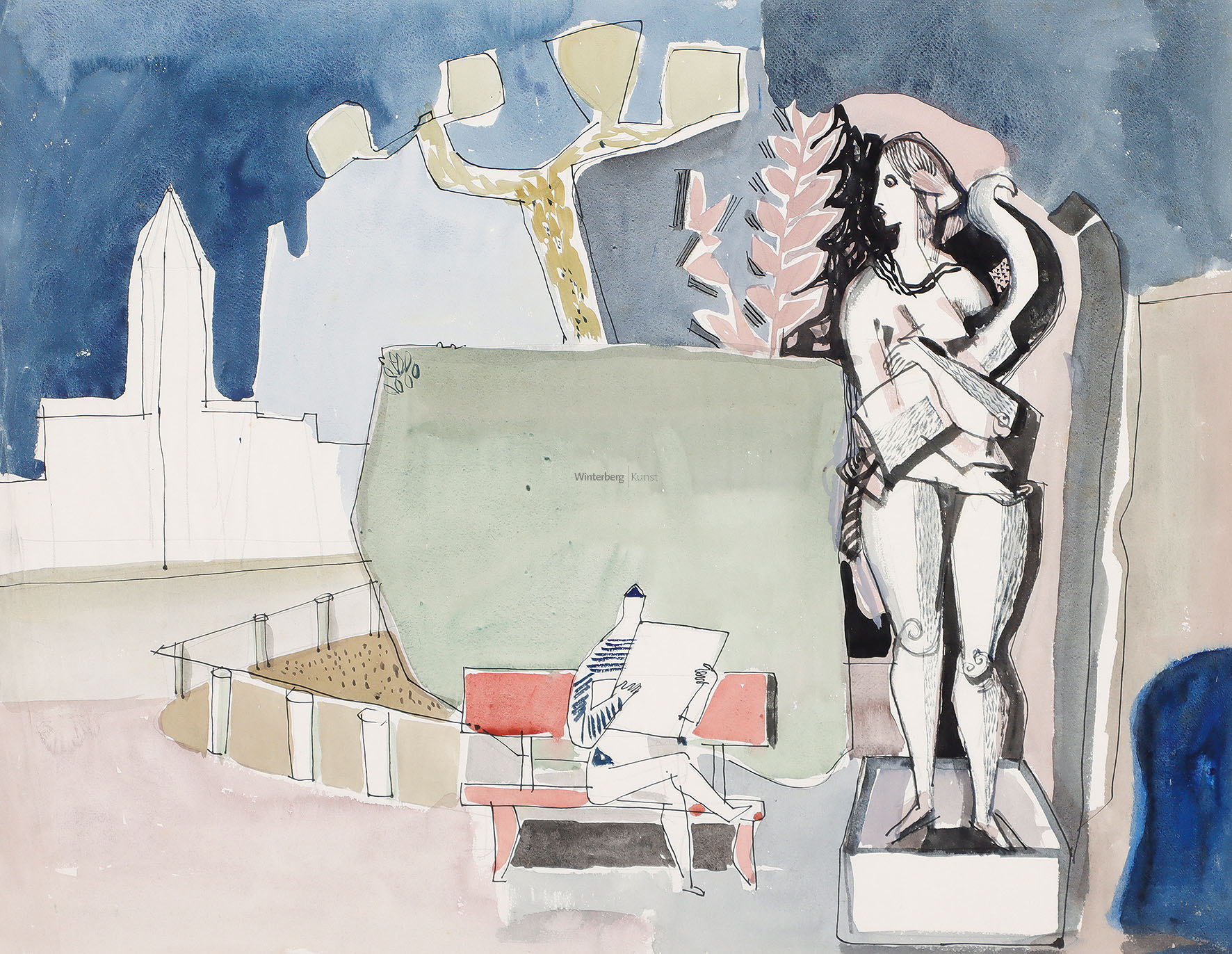 Zeitungsleser auf Parkbank neben einer Fortunastatue.